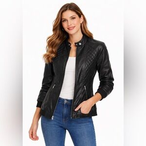 Black Quilted Faux Leather Ci Sono Quilted Moto Biker Jacket Sz Med